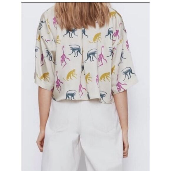 Zara Pastel Monkey Print Cropped Swing top Size S - Picture 2 of 13